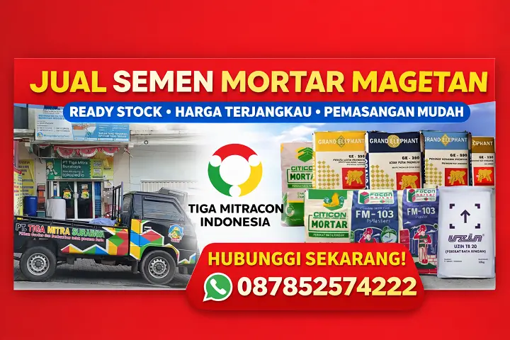 Banner Jual Semen Mortar Magetan Tiga Mitracon Indonesia harga terbaru ready stock hubungi 087852574222