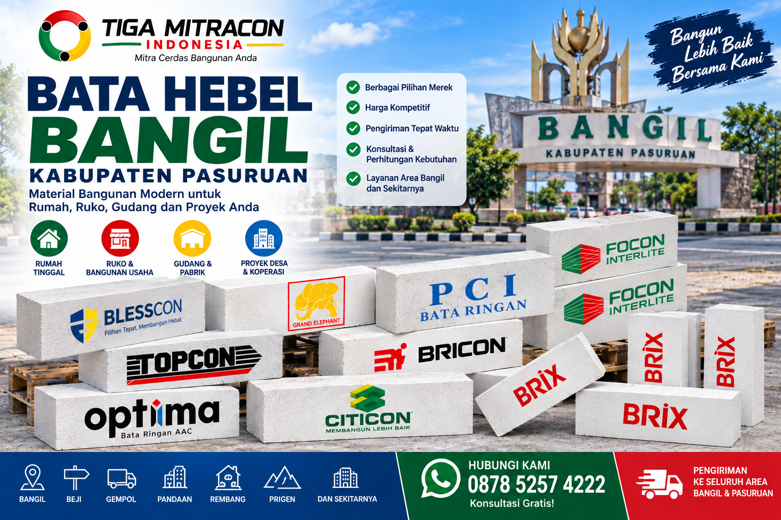 Jual Bata Hebel Bangil Kabupaten Pasuruan berbagai merek untuk rumah, ruko, gudang dan proyek