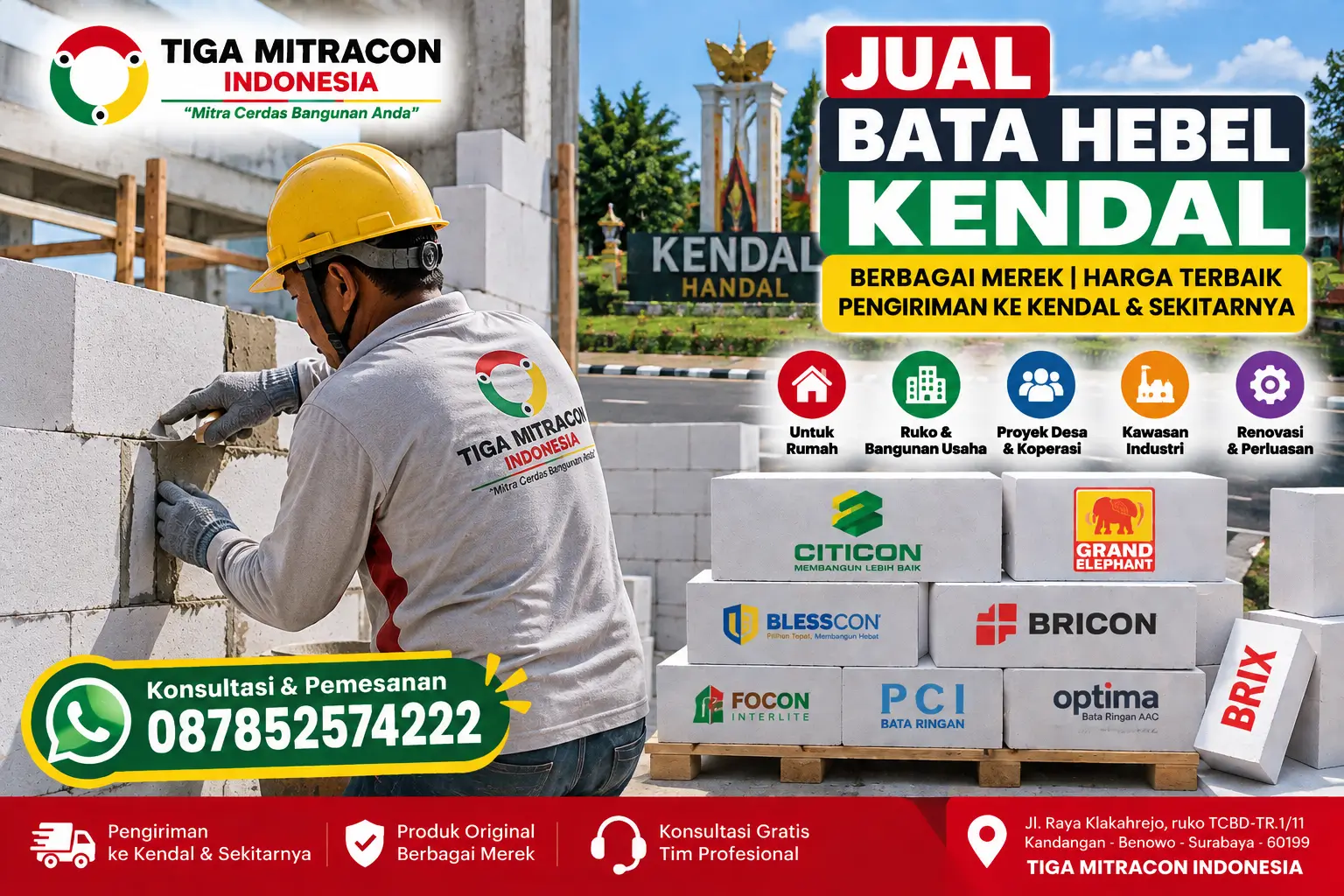 Promosi jual bata hebel Kendal berbagai merek dengan ilustrasi pekerja memasang bata ringan, produk AAC, dan layanan Tiga Mitracon Indonesia.