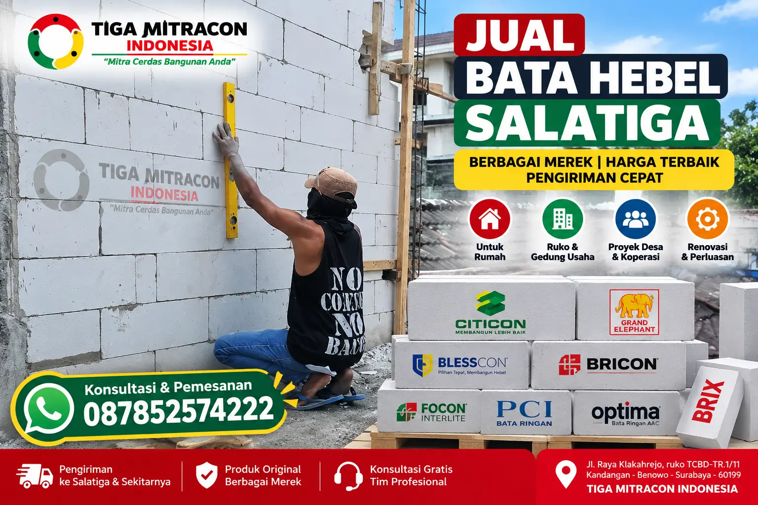 Pekerja memasang bata hebel untuk pembangunan dinding dengan layanan jual bata hebel Salatiga dari Tiga Mitracon Indonesia.