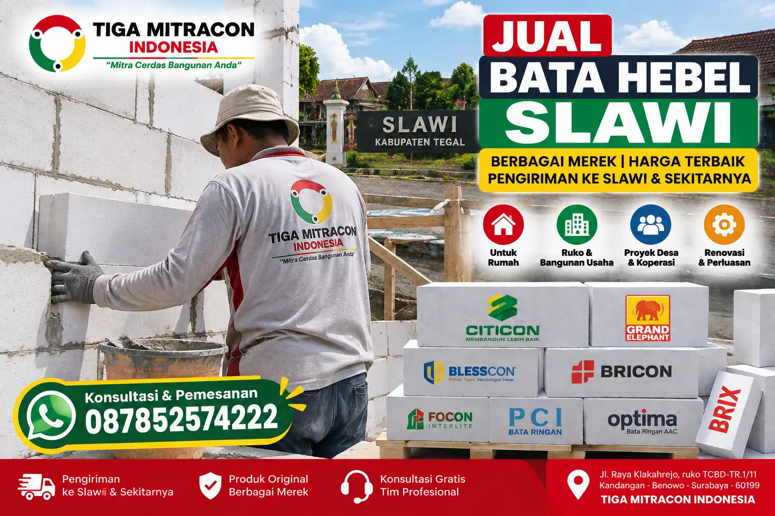 Promosi jual bata hebel Slawi berbagai merek dengan ilustrasi pekerja memasang bata ringan dan layanan Tiga Mitracon Indonesia.