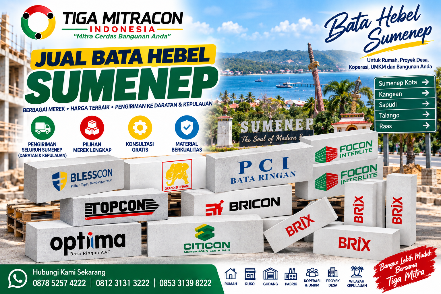 Jual Bata Hebel Sumenep berbagai merek untuk rumah, ruko, gudang, proyek desa dan wilayah kepulauan