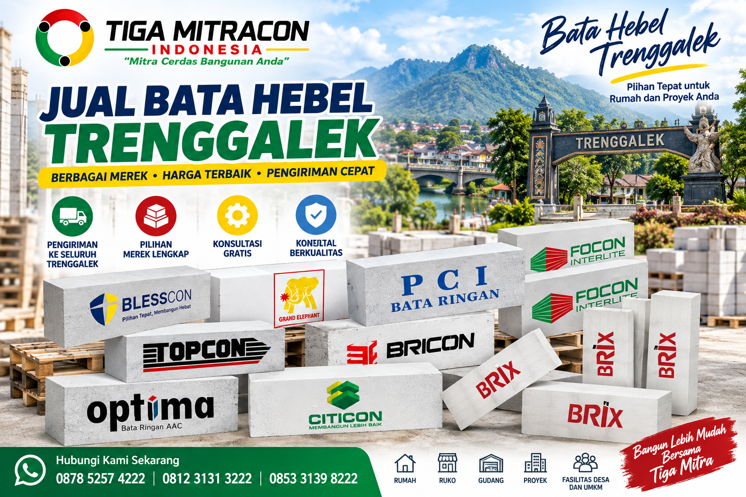 Jual Bata Hebel Trenggalek berbagai merek dengan layanan pengiriman dan konsultasi Tiga Mitra