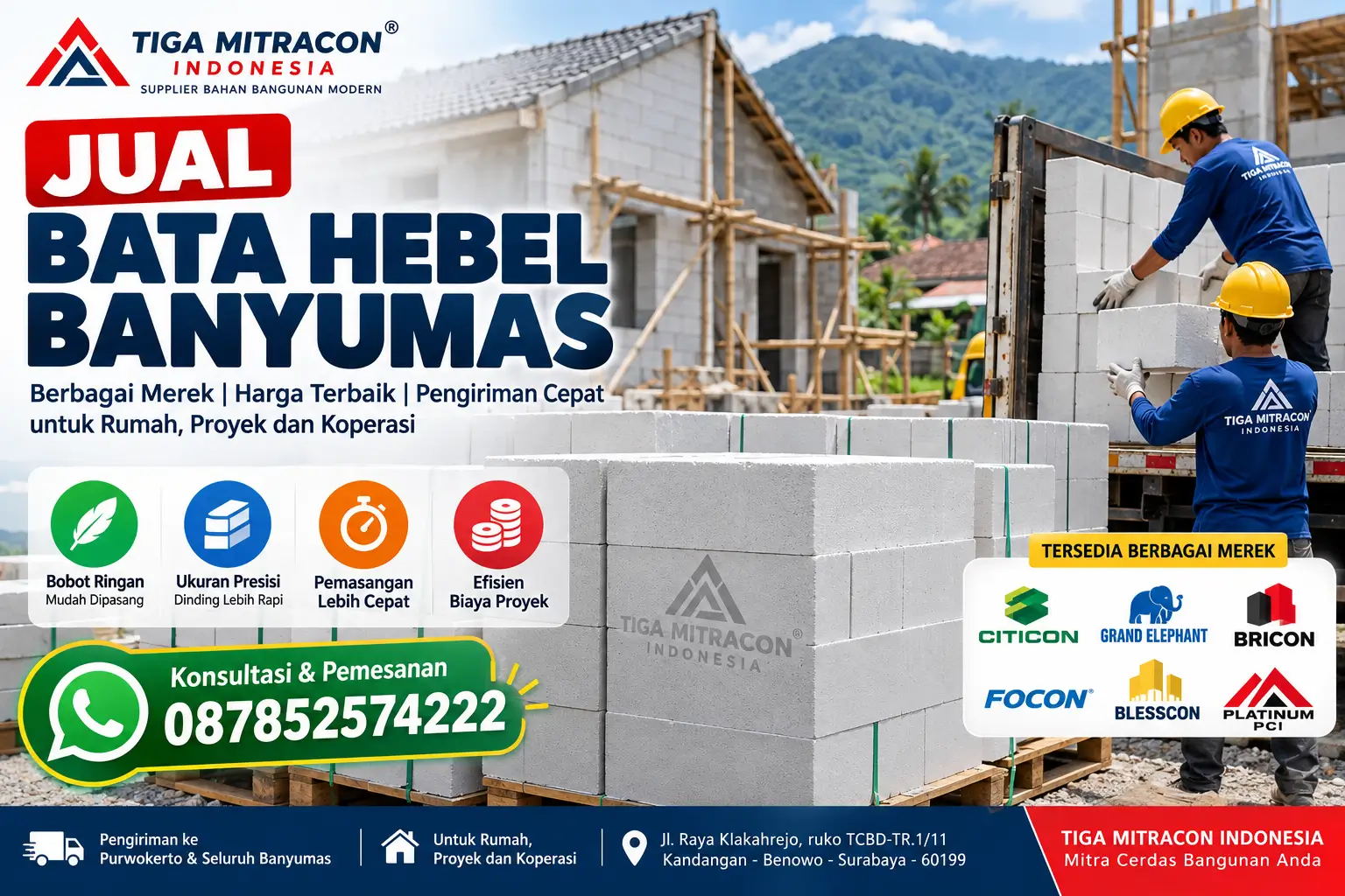 Bata hebel Banyumas berbagai merek untuk rumah dan proyek, pengiriman oleh Tiga Mitracon Indonesia dengan layanan konsultasi 087852574222.