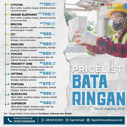 Daftar Harga Bata Ringan Surabaya Terbaru Agustus 2023