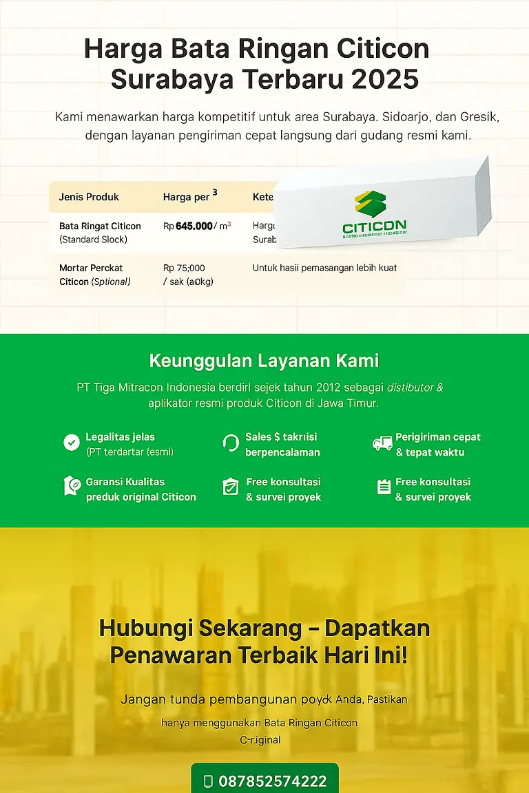 Harga Bata Ringan Citicon Surabaya Terbaru 2025 | Distributor Resmi PT Tiga Mitracon Indonesia
