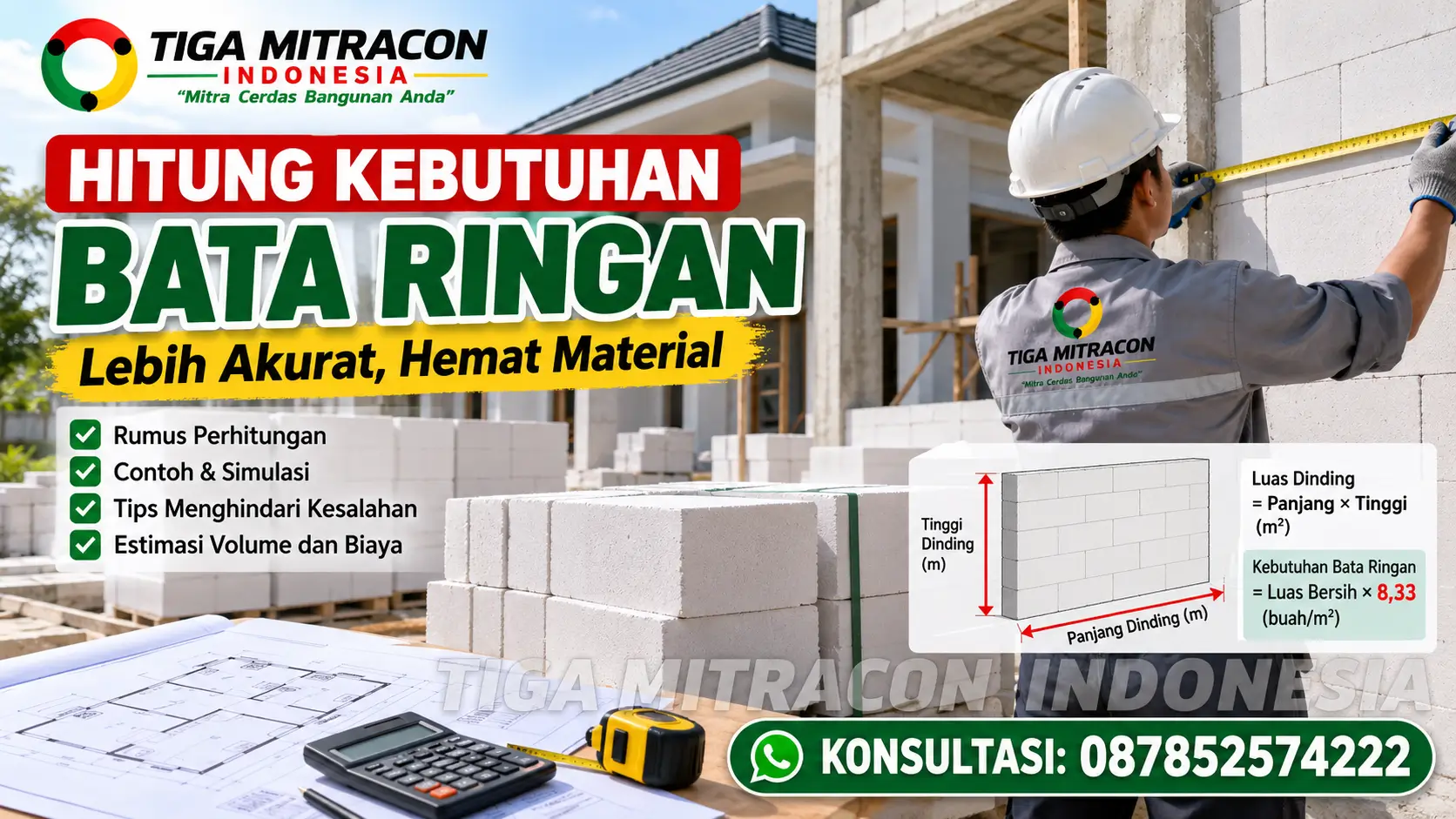 Ilustrasi cara menghitung kebutuhan bata ringan untuk rumah tinggal dengan rumus luas dinding, estimasi material, dan branding Tiga Mitracon Indonesia.