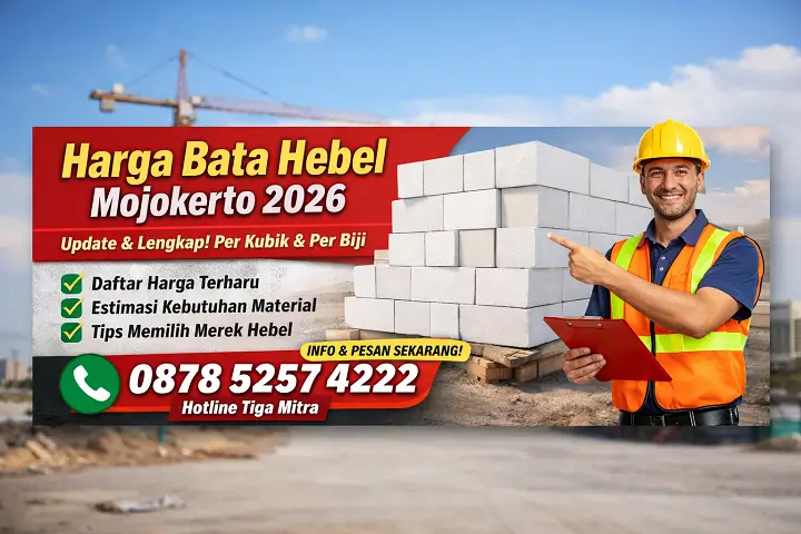 Harga Bata Hebel Mojokerto 2026 dengan daftar harga terbaru, tips memilih merek, ilustrasi bata hebel, pekerja konstruksi, dan CTA hotline Tiga Mitra 087852574222.
