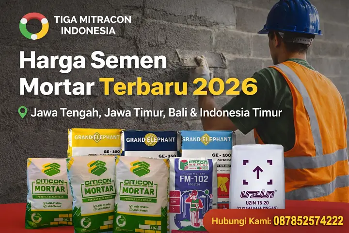 Banner Harga Semen Mortar Terbaru 2026 Tiga Mitracon Indonesia dengan latar pekerja plester dinding, layanan Jawa Tengah, Jawa Timur, Bali dan Indonesia Bagian Timur, CTA 087852574222