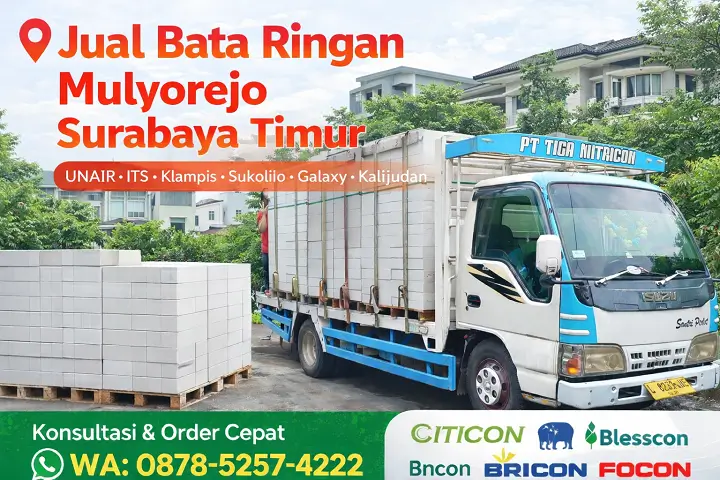 Jual bata ringan Mulyorejo Surabaya Timur, truk PT Tiga Mitracon mengirim hebel Citicon ke proyek perumahan dengan layanan order cepat WA 087852574222