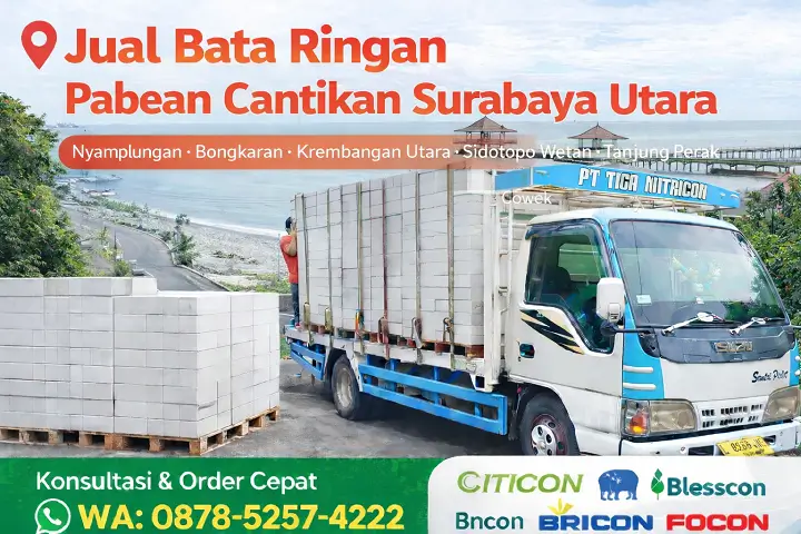 Jual bata ringan Pabean Cantikan Surabaya Utara, truk PT Tiga Mitracon mengirim hebel Citicon ke proyek ruko dan gudang dengan layanan cepat WA 087852574222