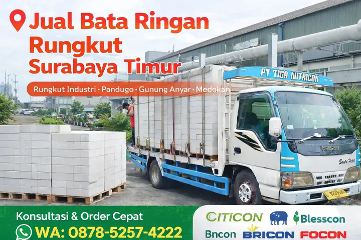 Jual bata ringan Rungkut Surabaya Timur, truk PT Tiga Mitracon mengirim hebel Citicon ke proyek gudang dan ruko industri dengan layanan cepat WA 087852574222