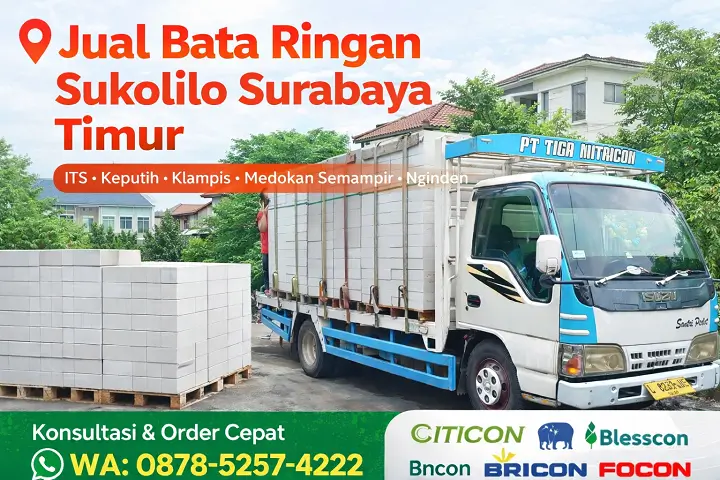 Jual bata ringan Sukolilo Surabaya Timur, truk PT Tiga Mitracon mengirim hebel Citicon ke proyek perumahan dengan layanan order cepat WA 087852574222