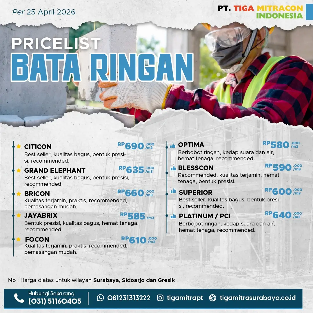 Update Harga Bata Ringan di Surabaya per 25 April 2026