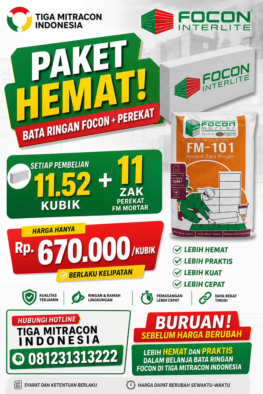 Jual Bata Ringan Focon + Perekat bata ringan FM Mortar