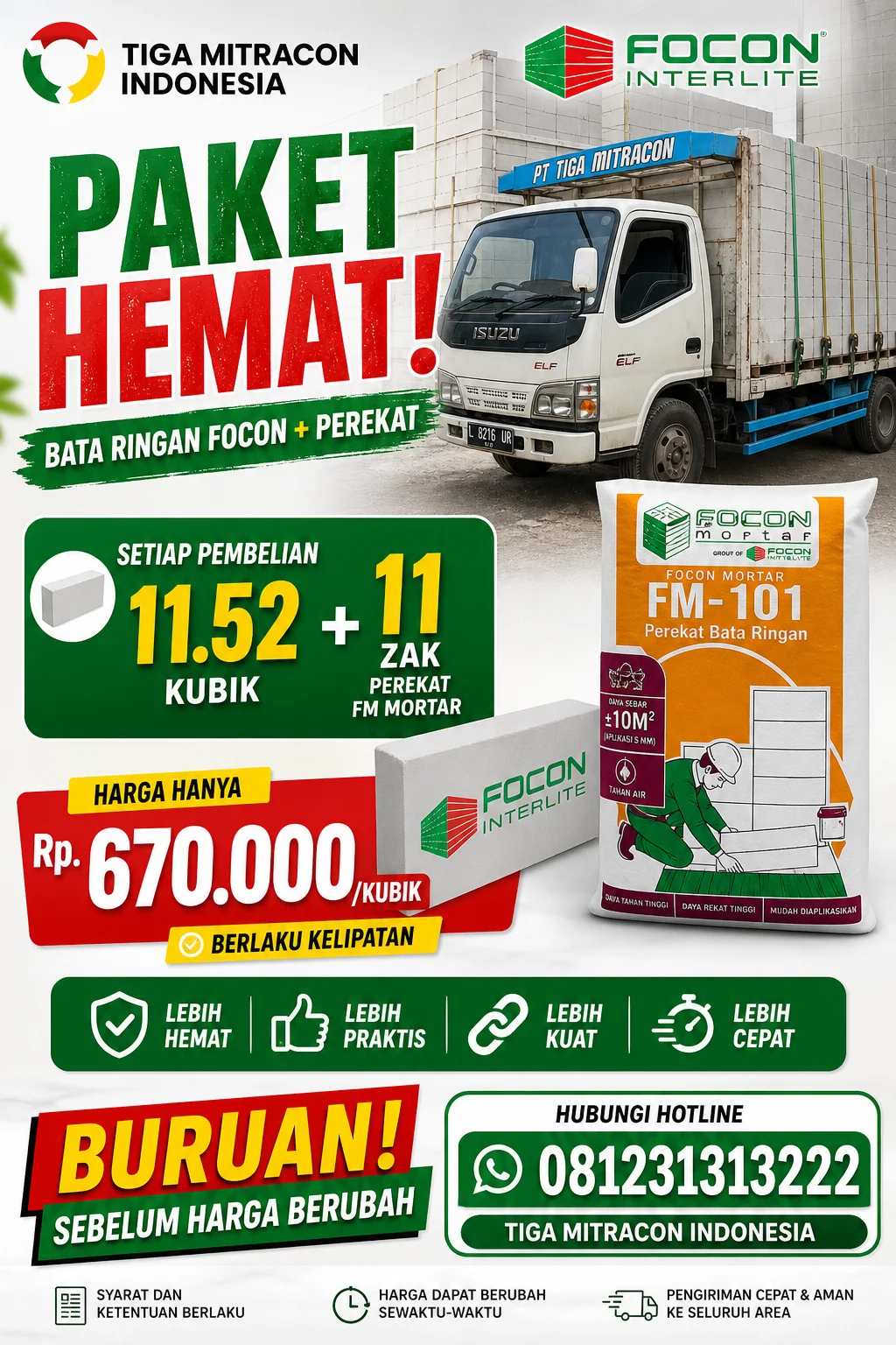 Jual Bata Ringan Focon + Perekat FM Mortar di Gresik Kota