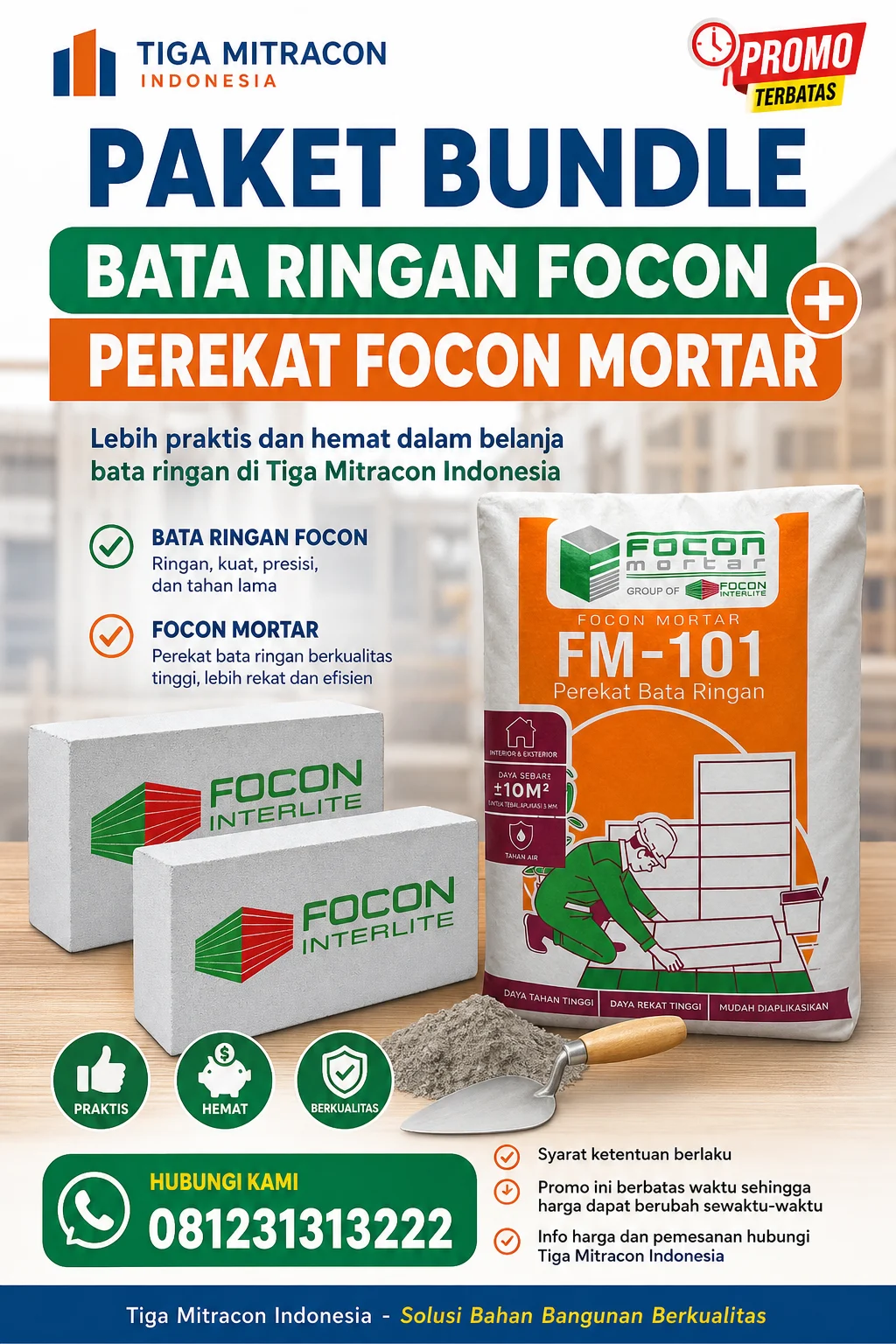 Paket Bundle Bata Ringan Focon + Perekat Focon Mortar 