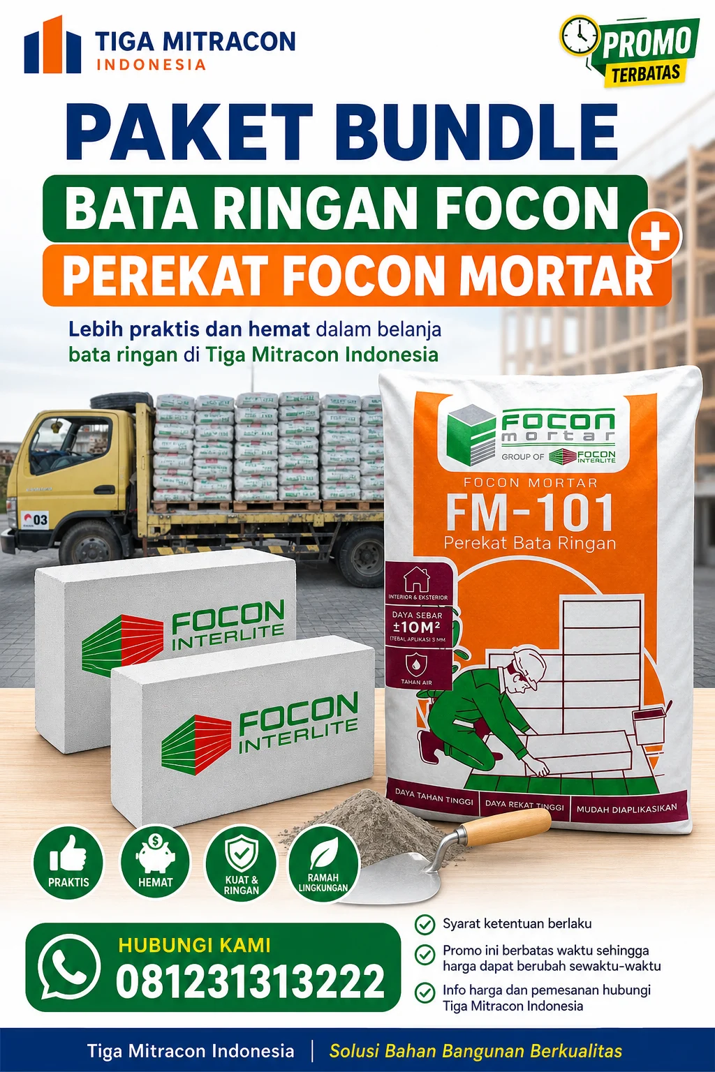 Paket Hemat Bata Ringan Focon + Perekat bata ringan FM Mortar 1