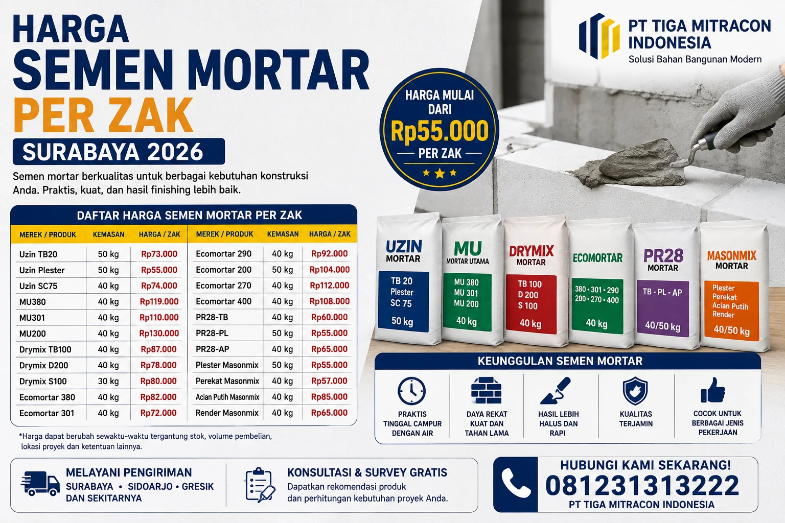 Harga semen mortar per zak Surabaya 2026