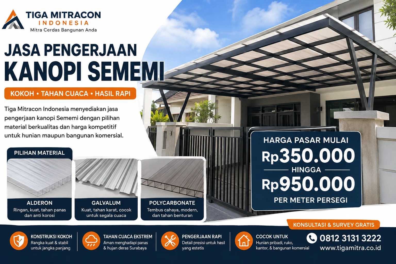 jasa pembuatan kanopi Sememi dengan pilihan material seperti Alderon, Galvalum, dan Polycarbonate.