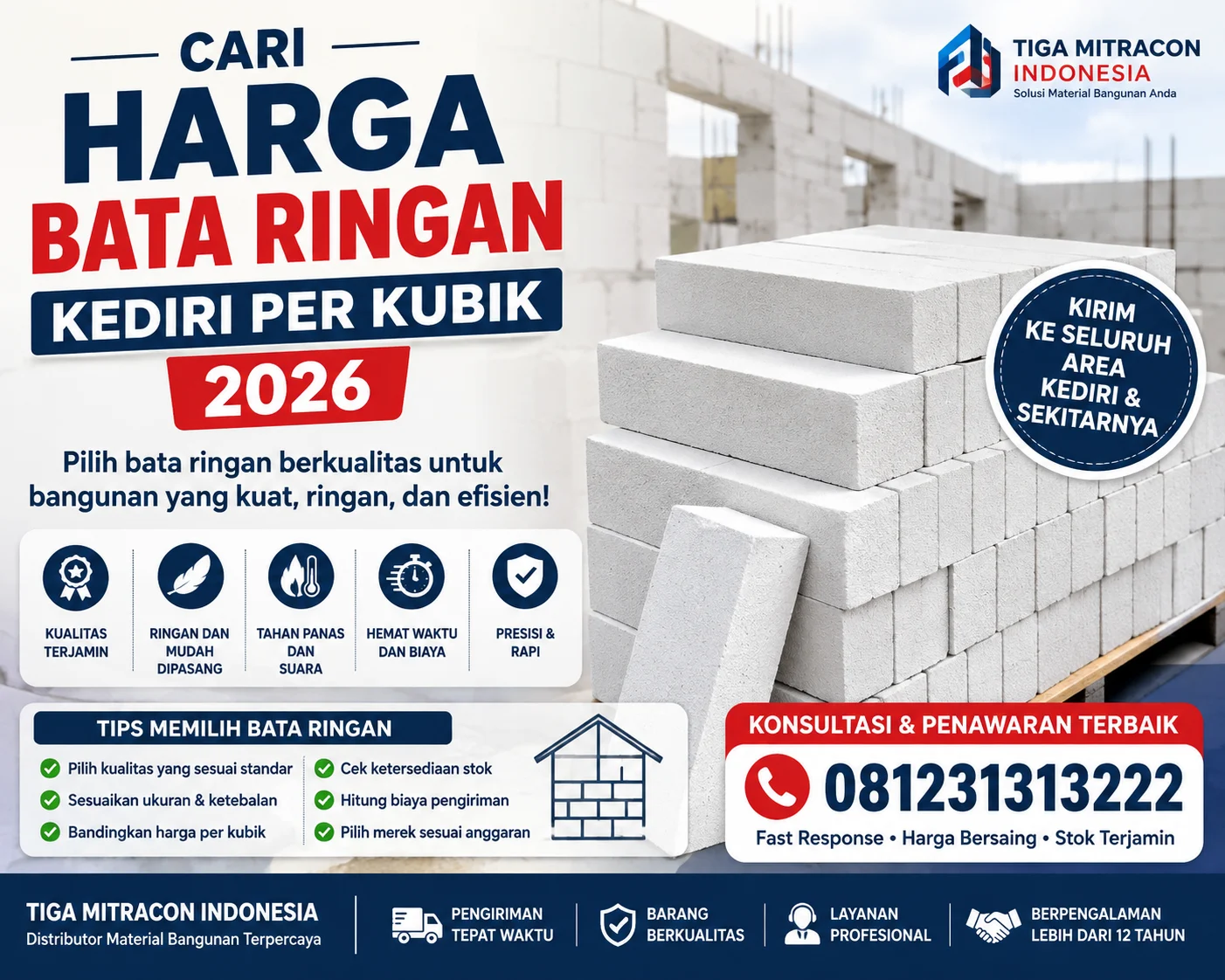Harga Bata Ringan Kediri per Kubik 2026