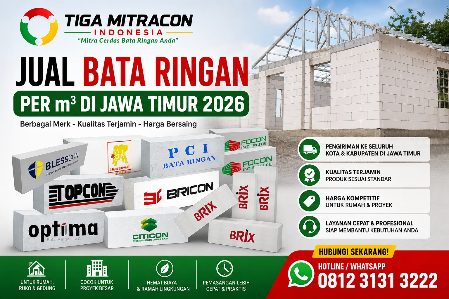 Jual Bata Ringan per m³ di Jawa Timur 2026