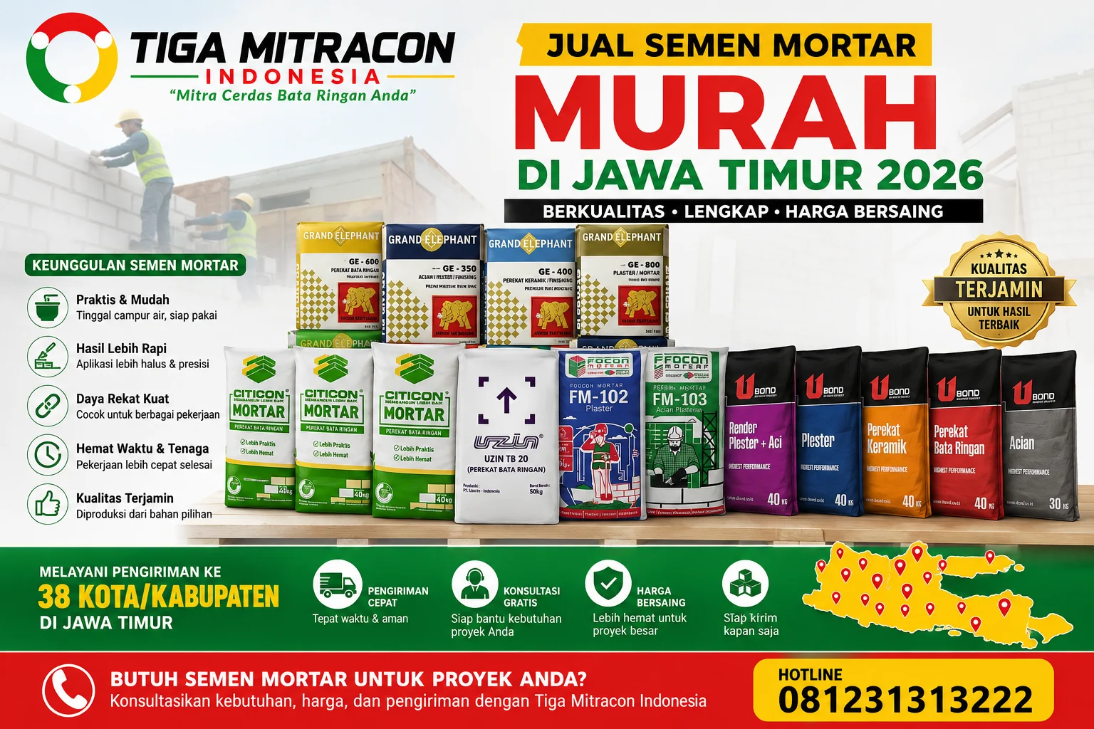 Jual Semen Mortar Murah di Jawa Timur 2026 – Harga, Merek & Supplier