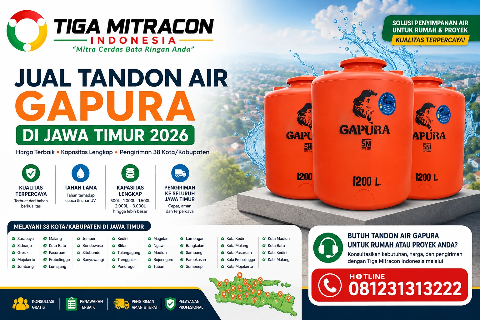 Jual Tandon Air Gapura di Jawa Timur 2026 – Harga, Kapasitas & Pengiriman 38 Kota/Kabupaten