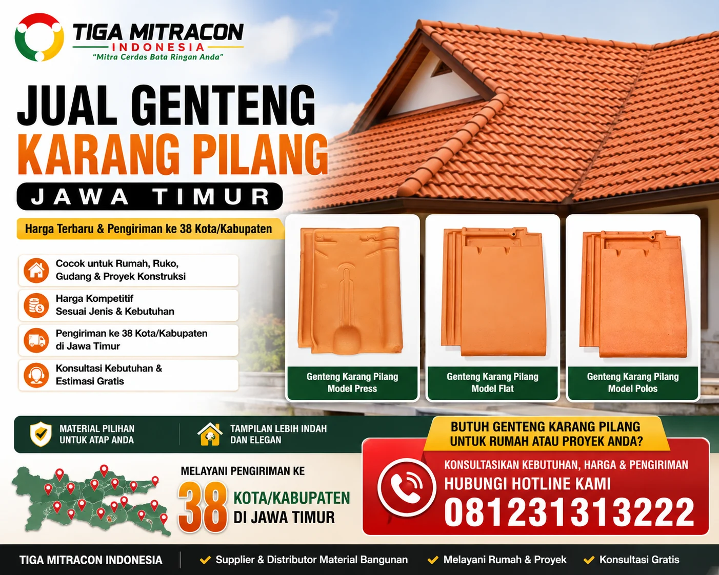 Jual Genteng Karang Pilang Jawa Timur – Harga Terbaru & Pengiriman ke Berbagai Kota