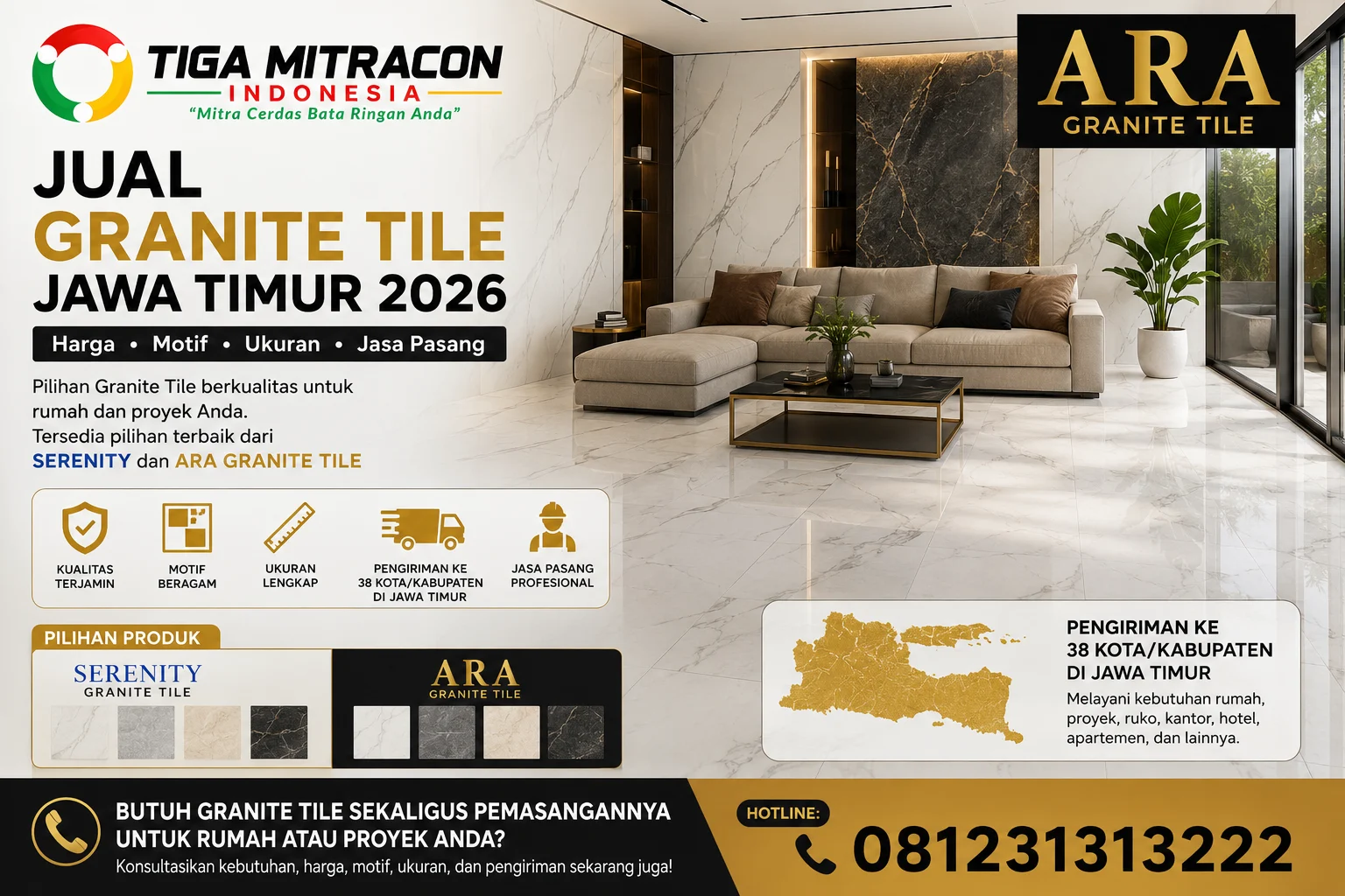 Jual Granite Tile Jawa Timur 2026 – Harga, Motif, Ukuran & Jasa Pasang