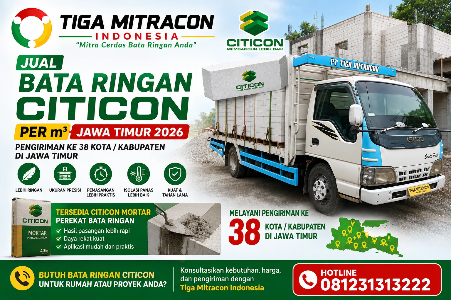 Jual Bata Ringan Citicon per m³ Jawa Timur 2026 – Harga & Pengiriman ke 38 Kota/Kabupaten