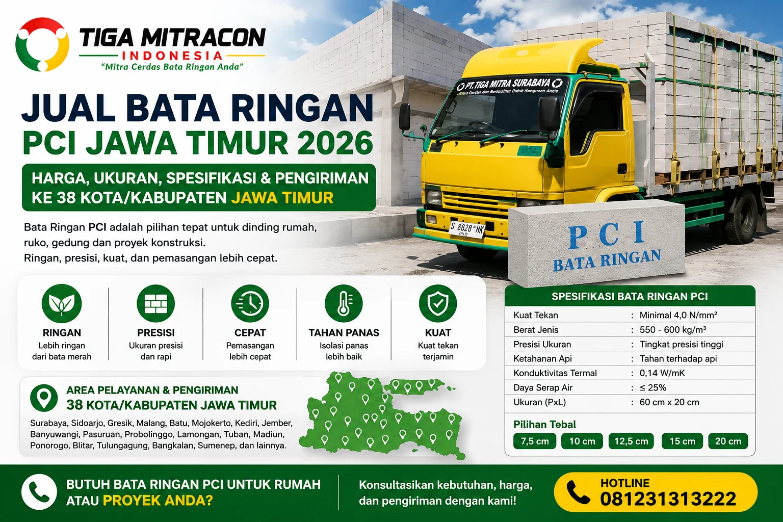 Jual Bata Ringan PCI Jawa Timur 2026 – Harga, Ukuran, Spesifikasi & Pengiriman ke Berbagai Kota