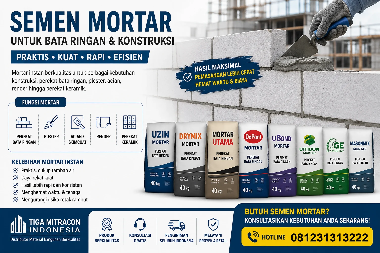 Semen Mortar: Harga, Jenis, Fungsi & Kebutuhan Bata Ringan