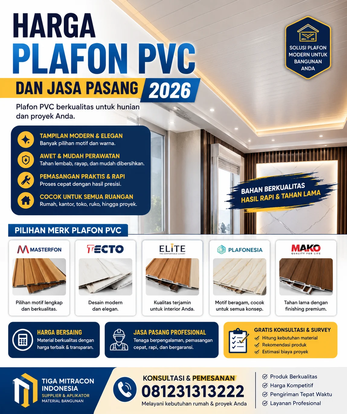 Harga plafon PVC dan jasa pasang 2026