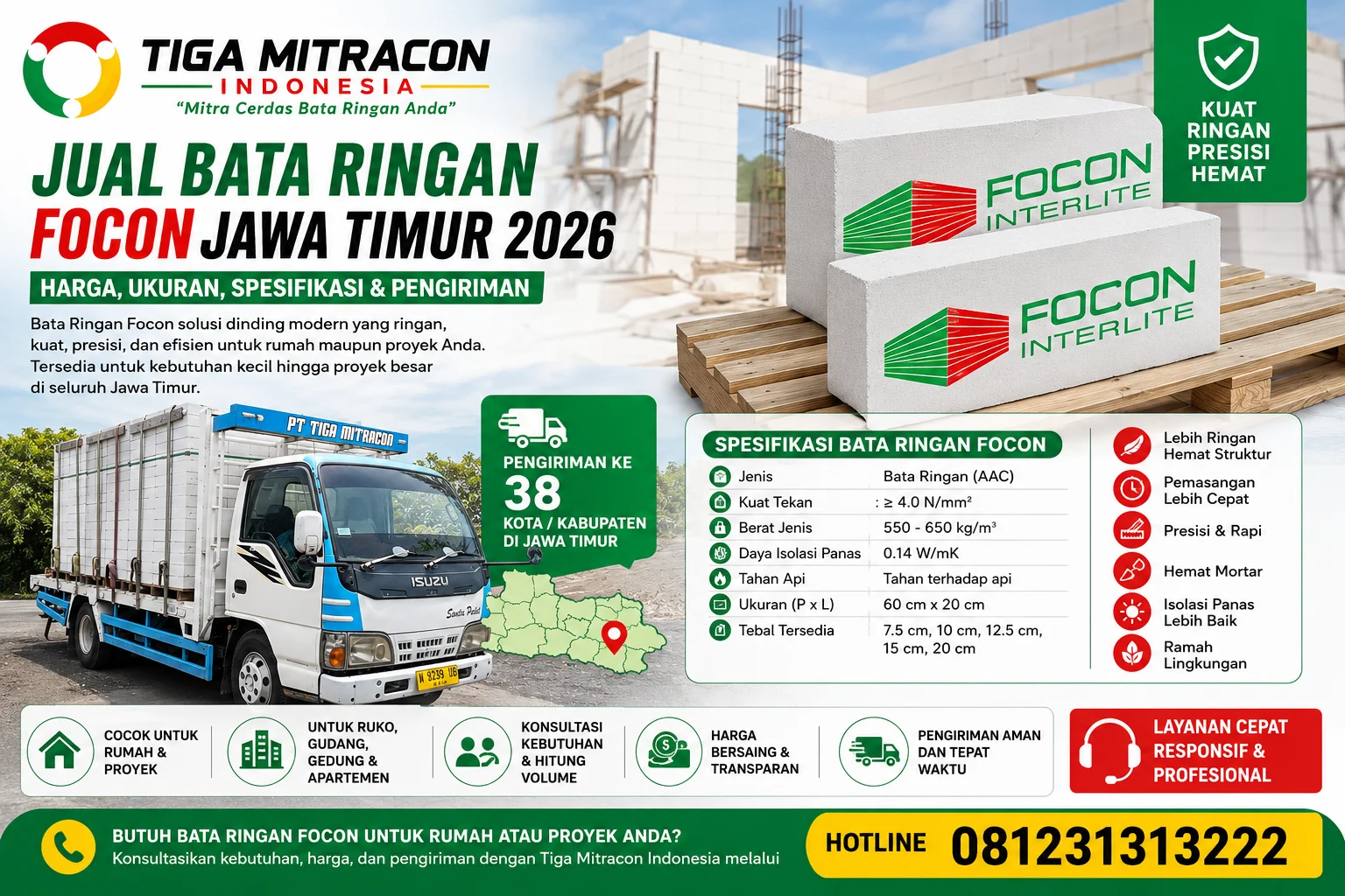Jual Bata Ringan Focon Jawa Timur 2026 – Harga, Ukuran, Spesifikasi & Pengiriman