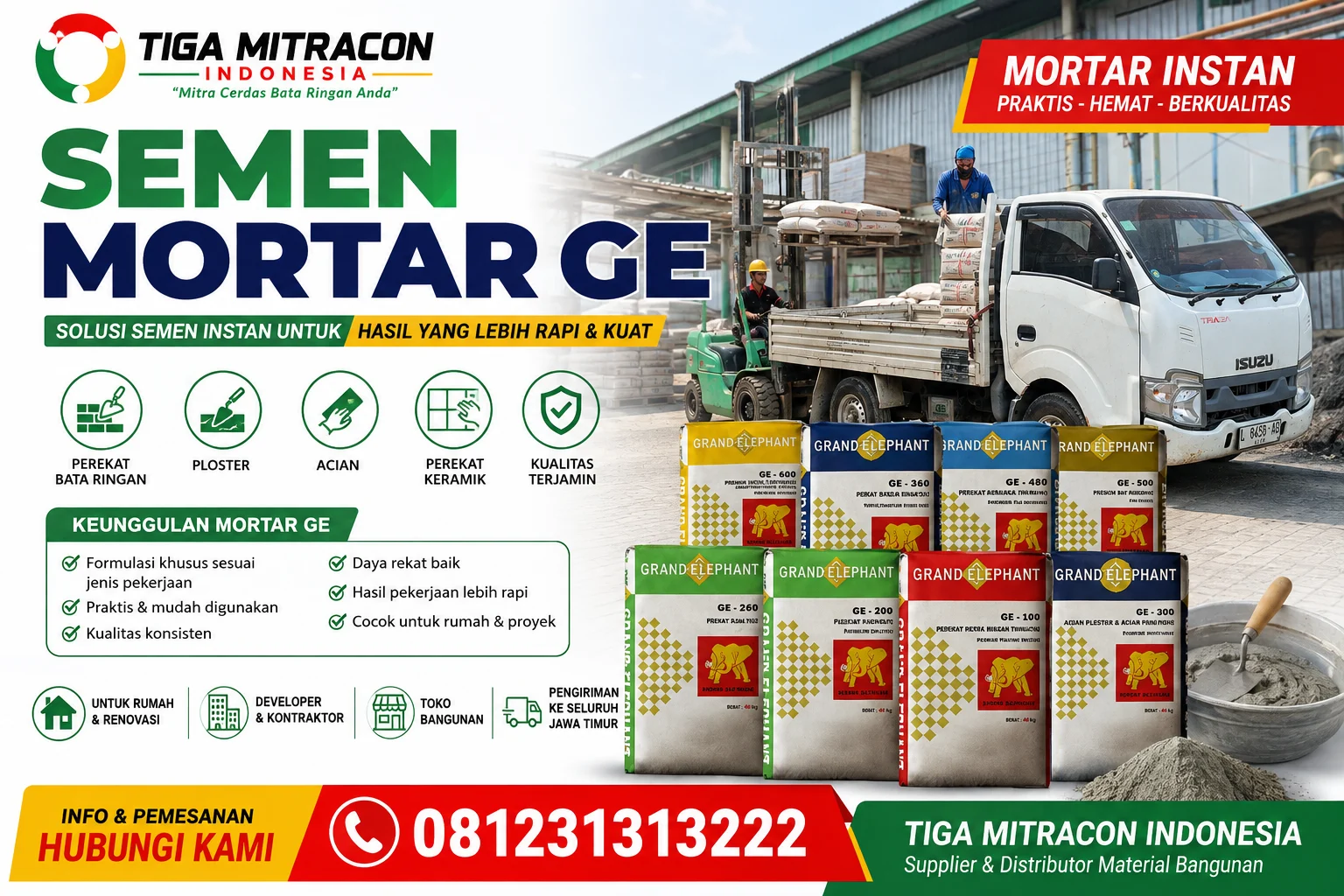 Jual Semen Mortar GE Jawa Timur 2026 – Harga, Jenis, Spesifikasi & Pengiriman