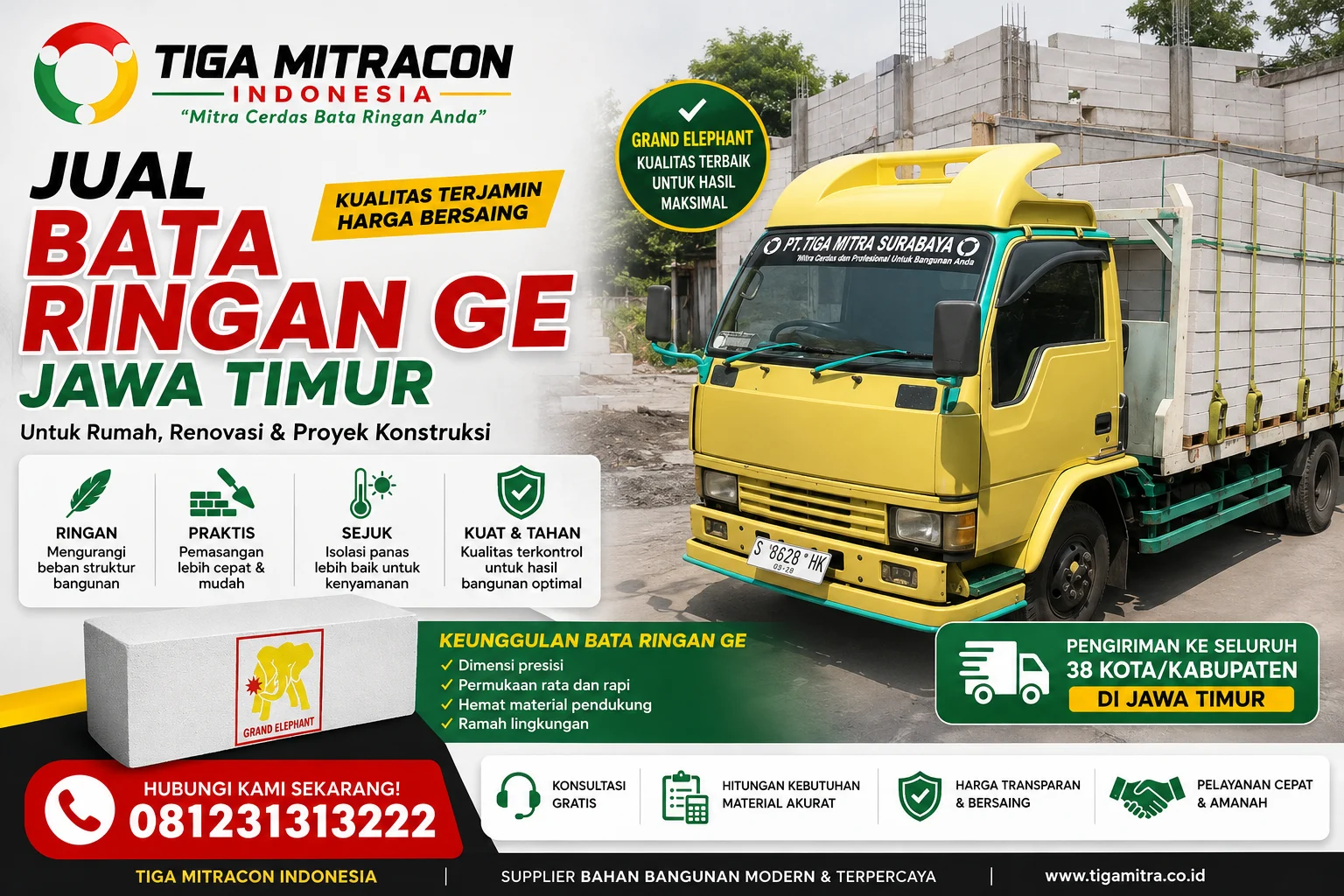 Jual Bata Ringan GE Jawa Timur 2026 – Harga per m³, Ukuran, Spesifikasi & Pengiriman ke 38 Kota/Kabupaten