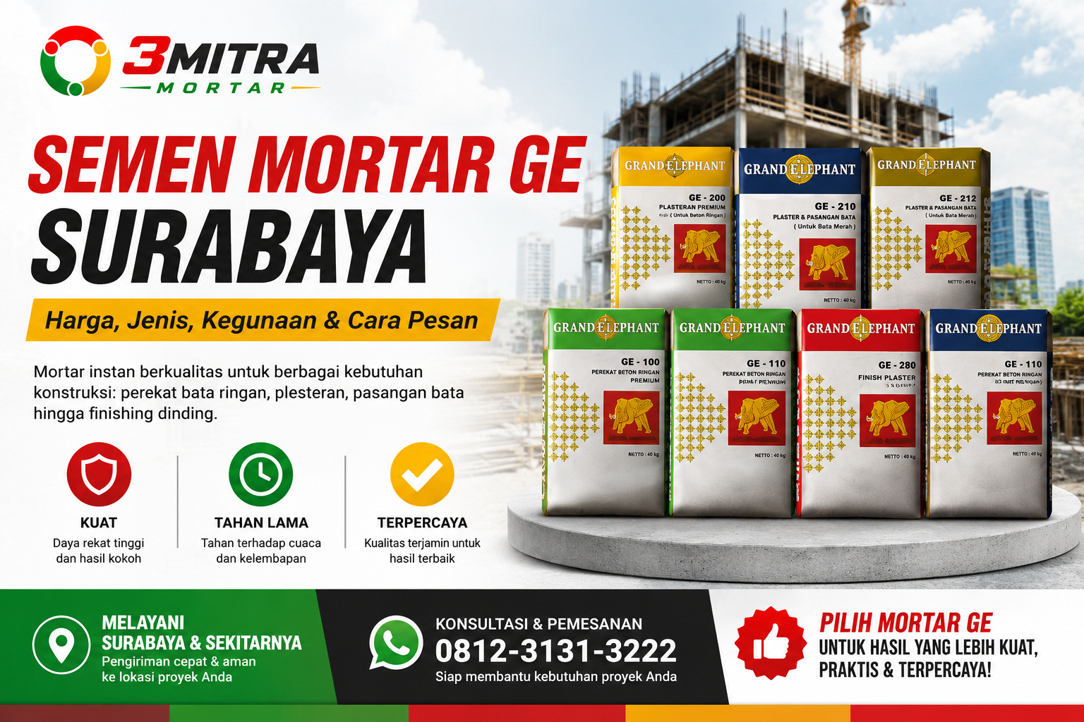 Semen Mortar GE Surabaya: Harga, Jenis, Kegunaan & Cara Pesan