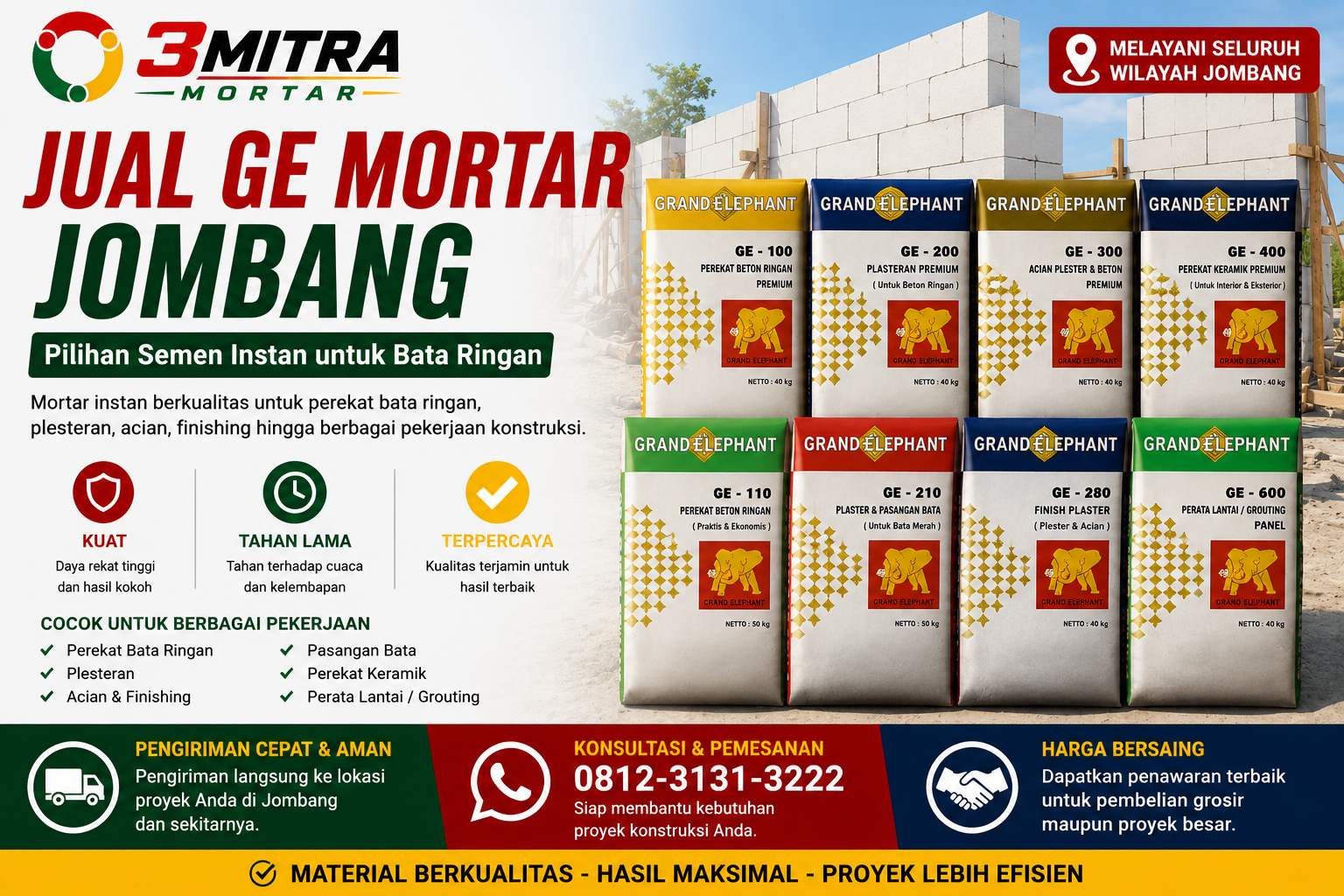 Jual GE Mortar Jombang: Pilihan Semen Instan untuk Bata Ringan