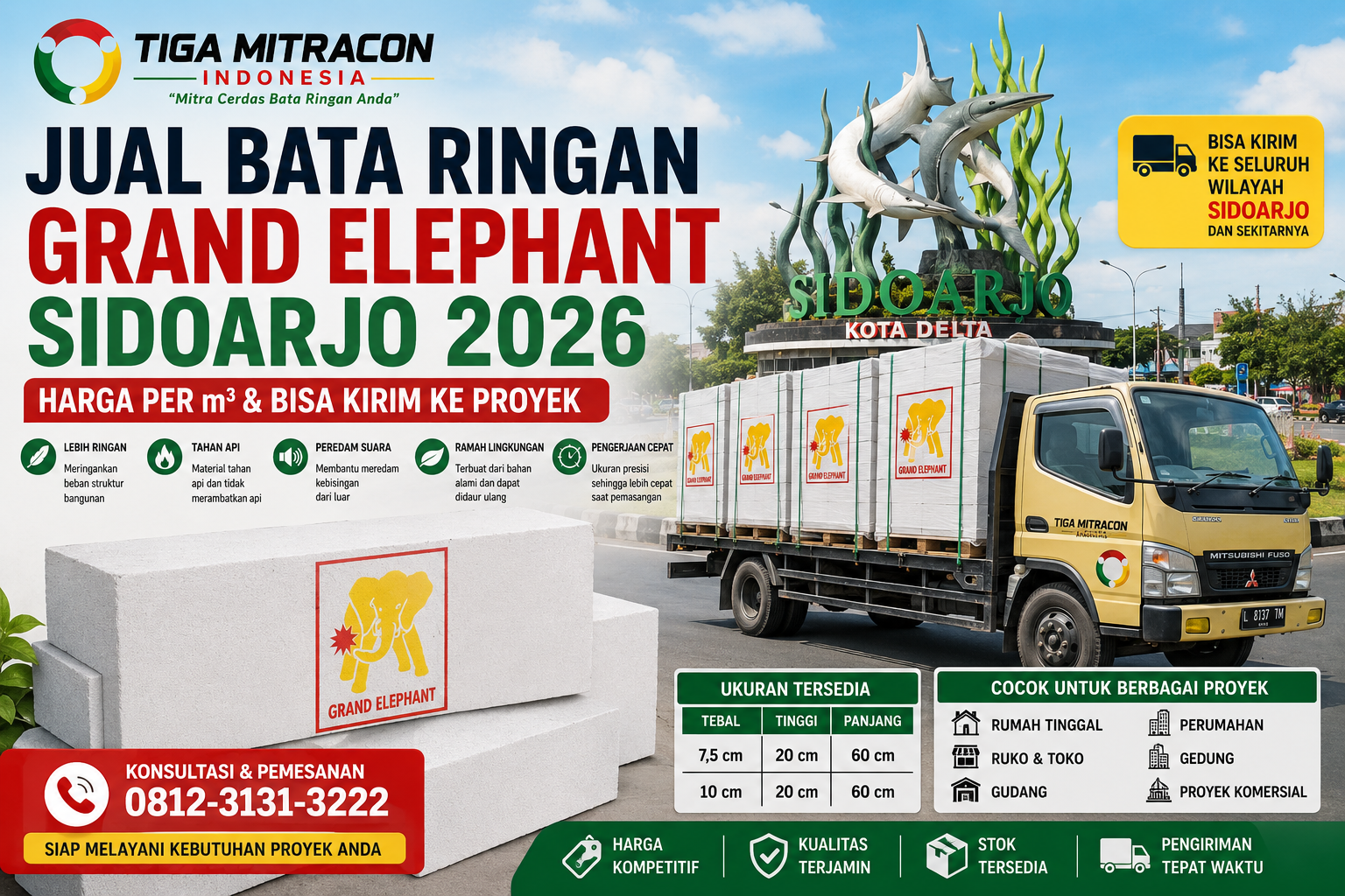 Jual Bata Ringan Grand Elephant Sidoarjo 2026 – Harga per m³ & Bisa Kirim ke Proyek