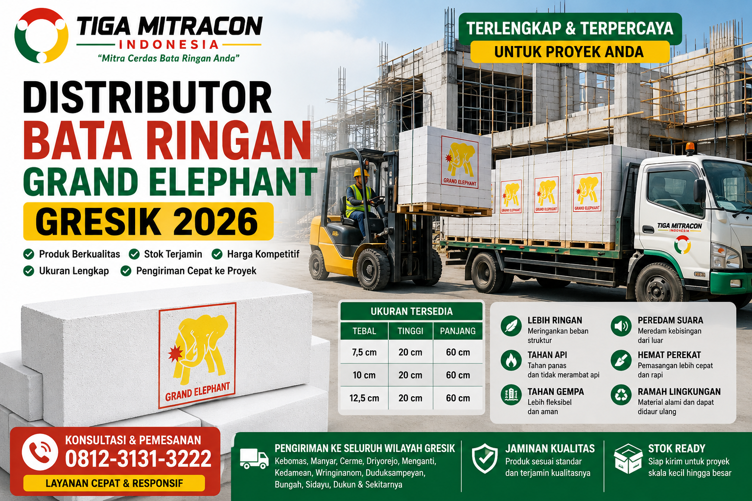 Distributor Bata Ringan Grand Elephant Gresik 2026 – Ukuran, Harga & Stok