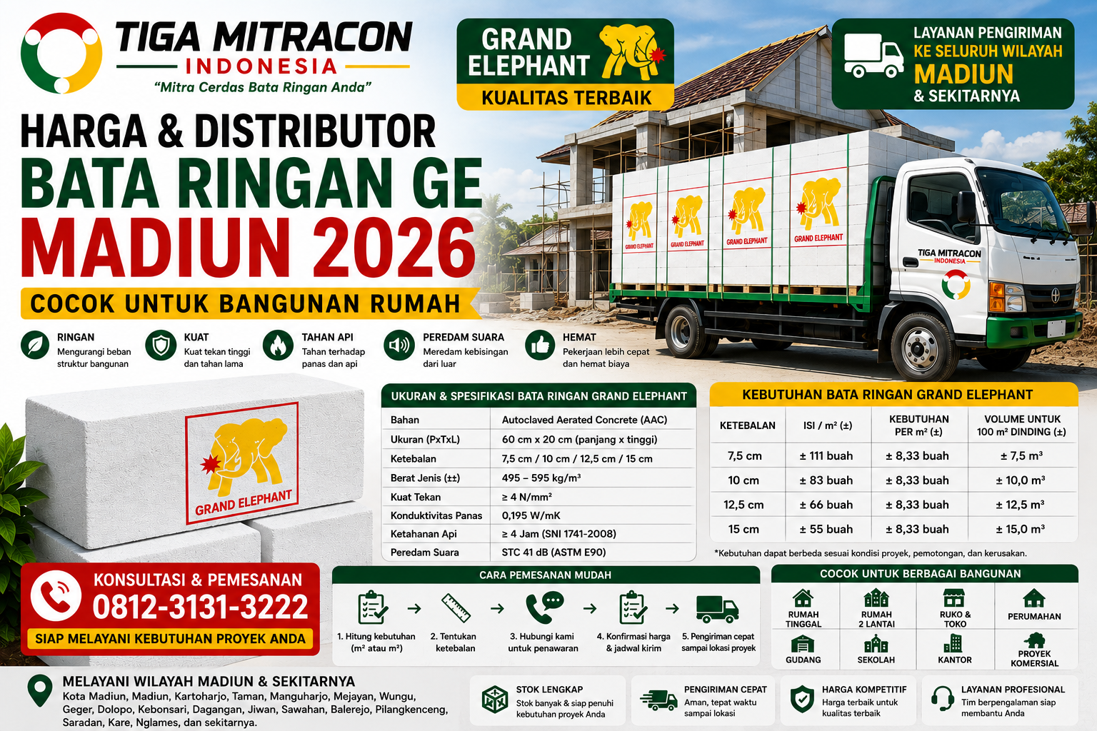 Harga & Distributor Bata Ringan GE Madiun 2026 – Cocok untuk Bangunan Rumah