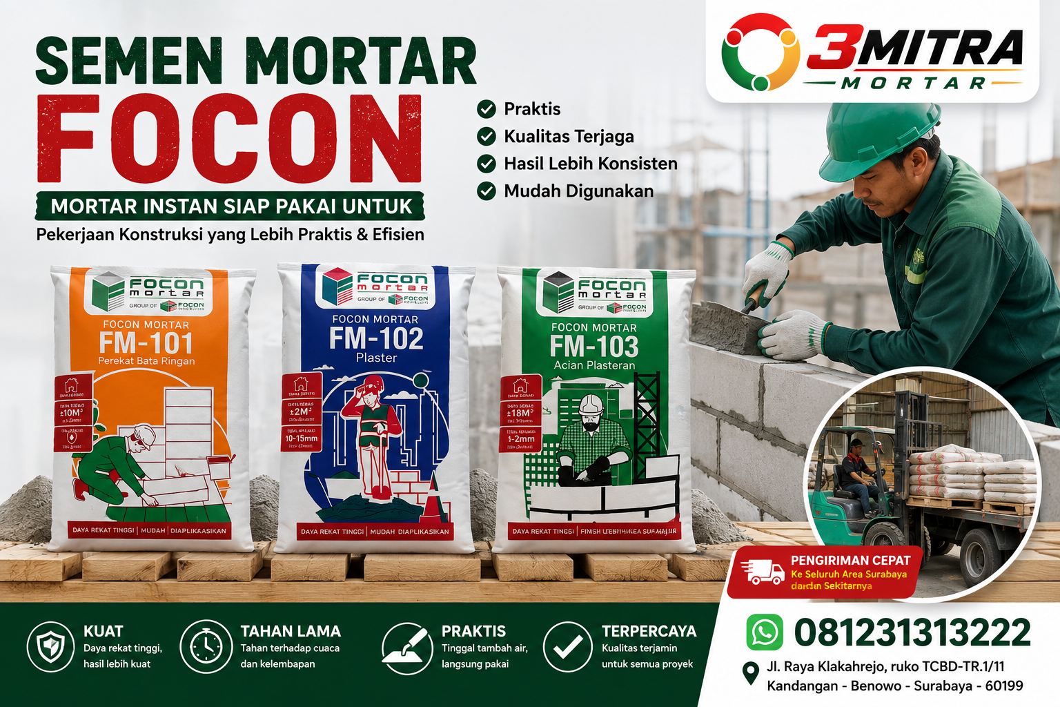 Semen Mortar Focon: Jenis, Kegunaan, Keunggulan dan Harga Terbaru