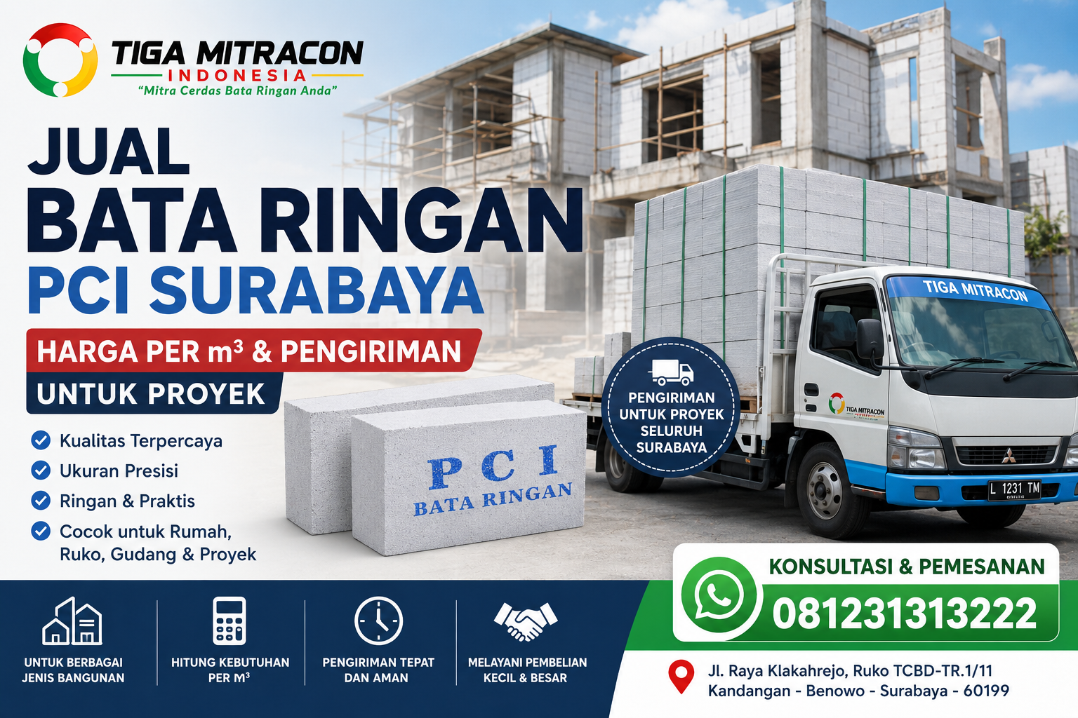 Jual Bata Ringan PCI Surabaya 2026 – Harga per m³ & Pengiriman untuk Proyek