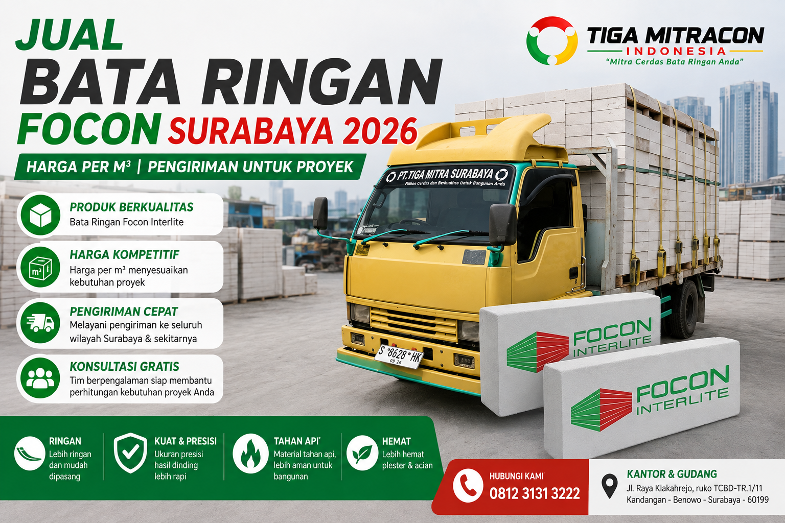 Jual Bata Ringan Focon Surabaya 2026 – Harga per m³ & Pengiriman untuk Proyek