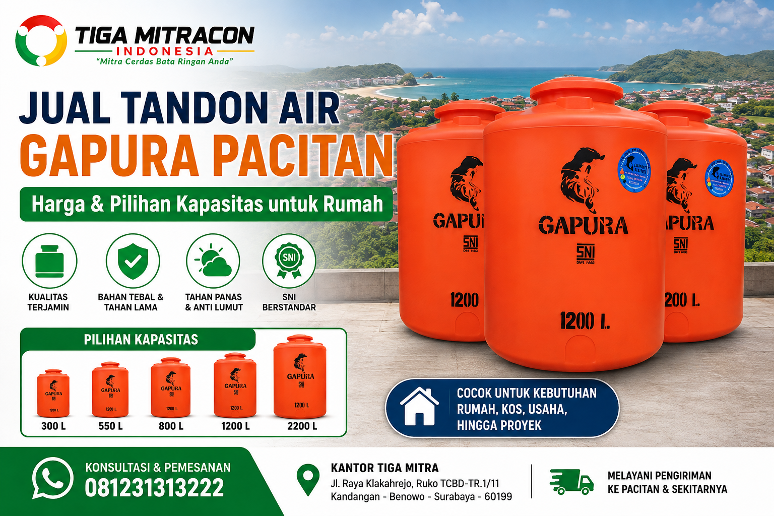 Jual Tandon Air Gapura Pacitan – Harga & Pilihan Kapasitas untuk Rumah