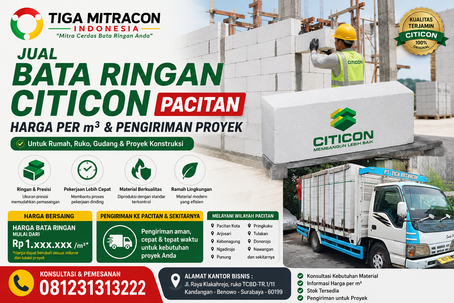 Jual Bata Ringan Citicon Pacitan – Harga per m³ & Pengiriman Proyek