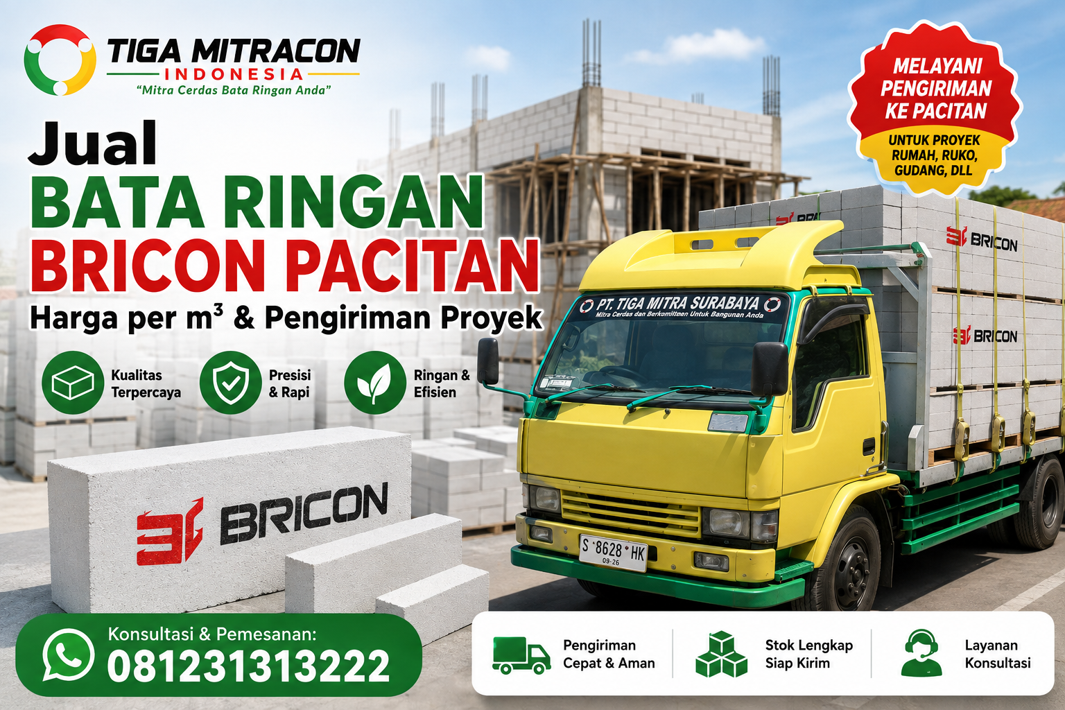 Jual Bata Ringan Bricon Pacitan – Harga per m³ & Pengiriman Proyek