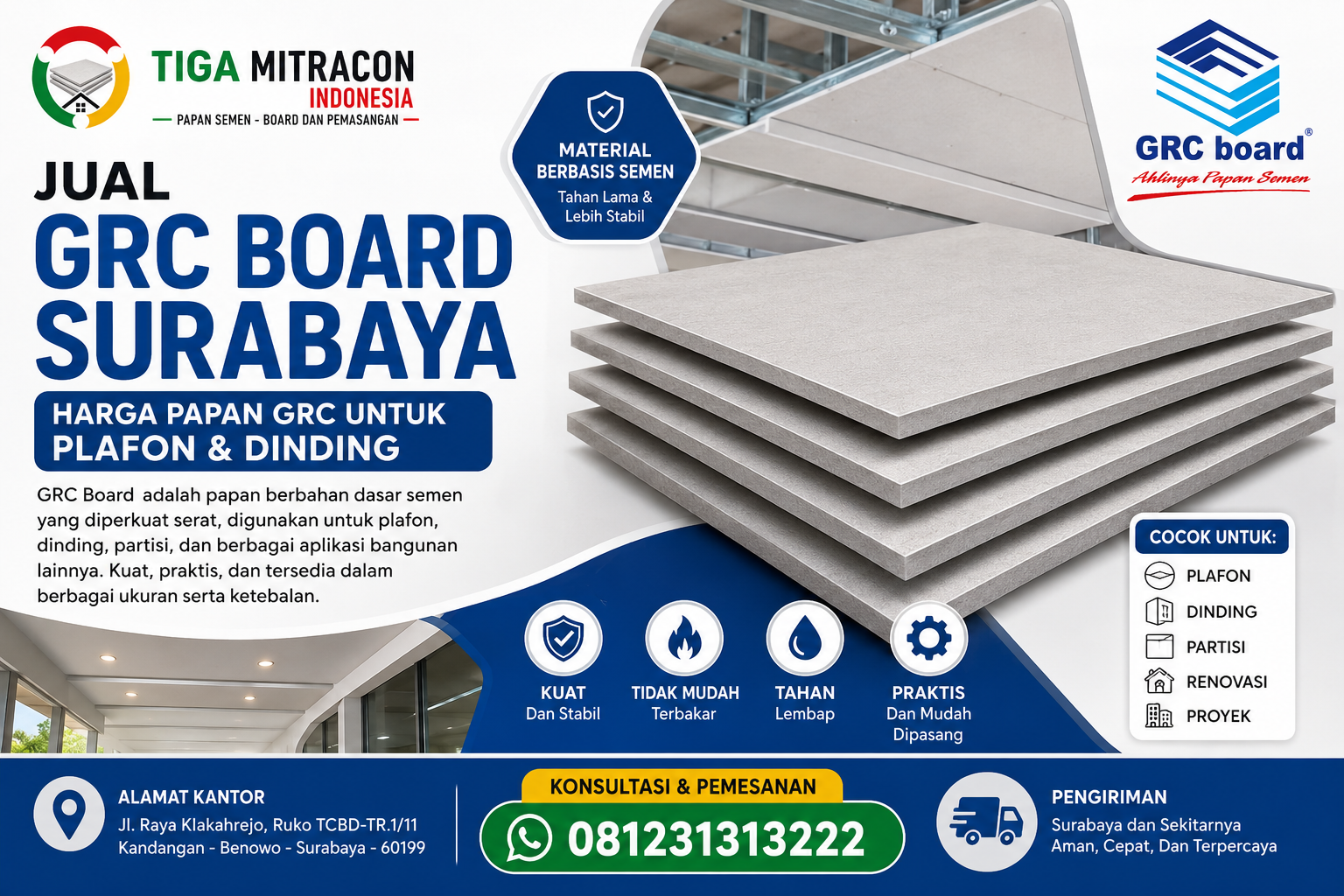 Jual GRC Board Surabaya – Harga Papan GRC untuk Plafon & Dinding