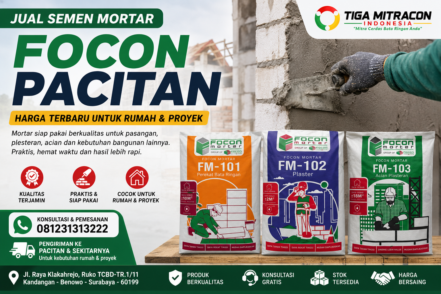 Jual Semen Mortar Focon Pacitan – Harga Terbaru untuk Rumah & Proyek